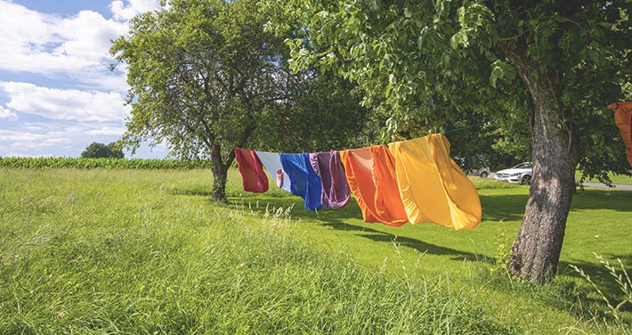 colorful clothes drying on clothesline between two trees