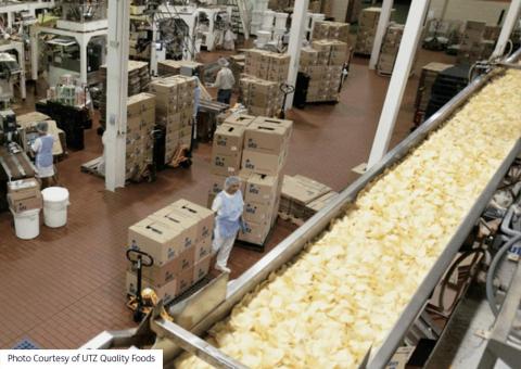 interior of UTZ factory showing workers boxing chips near conveyor belt